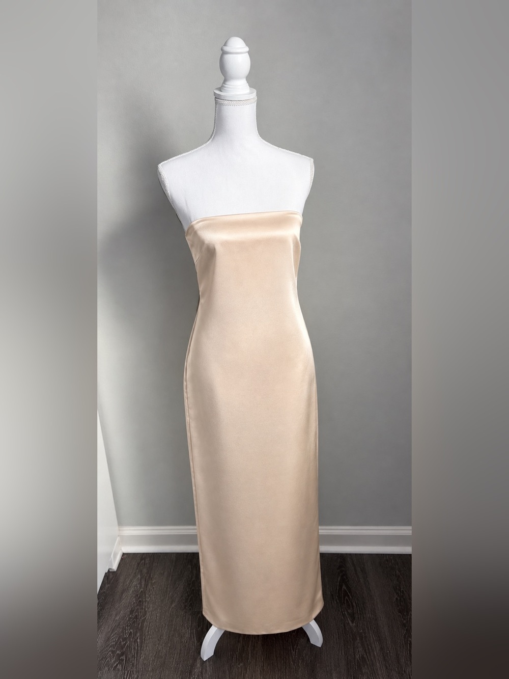 Zara Strapless Satin Column Dress in Champagne Beige